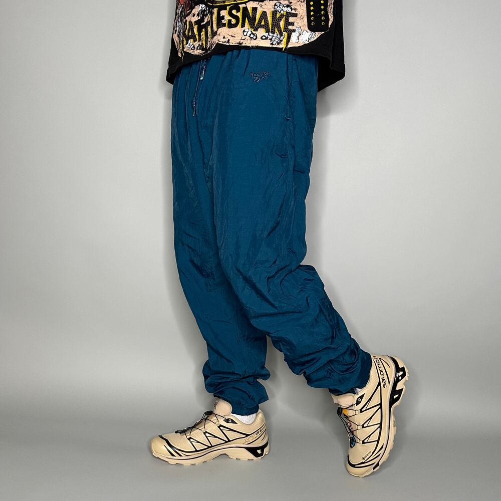 Vintage 90s Reebok Track Pants Mens L Slate Blue Embroidered Logo Nylon Joggers